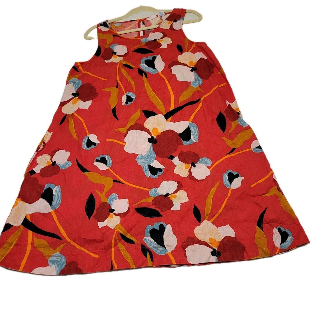Sigrid Olsen Women's Red Floral Sleeveless Dress 100% Linen with Pockets Size M